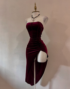Sexy Strapless Slit Party Dresses Burgundy Birthday Dresses