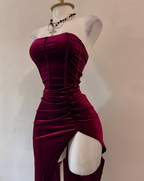 Sexy Strapless Slit Party Dresses Burgundy Birthday Dresses