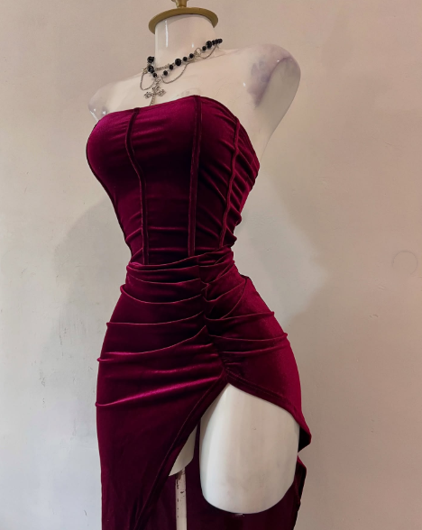 Sexy Strapless Slit Party Dresses Burgundy Birthday Dresses