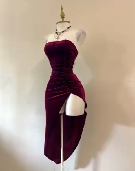 Sexy Strapless Slit Party Dresses Burgundy Birthday Dresses