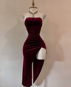 Sexy Strapless Slit Party Dresses Burgundy Birthday Dresses