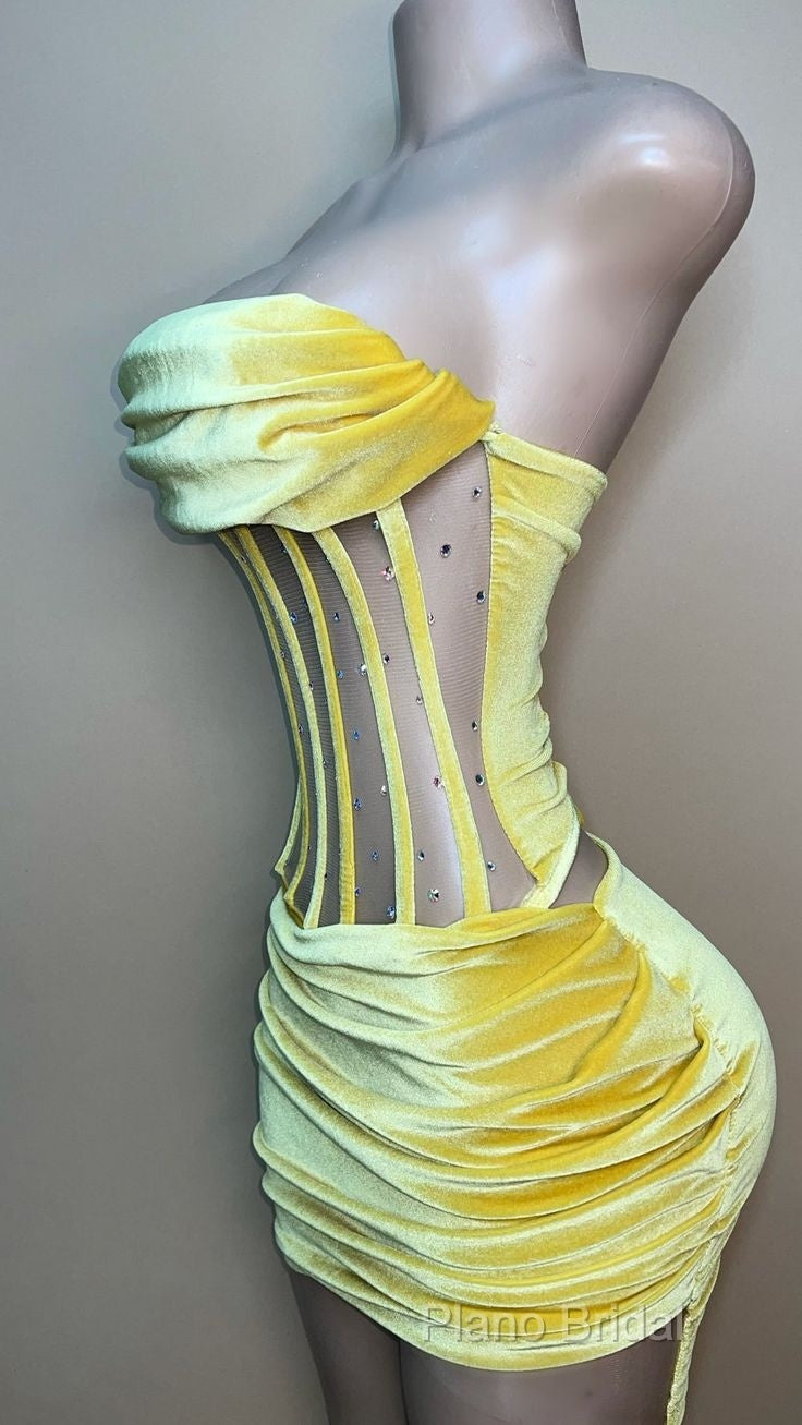 Sexy Strapless Yellow Velvet Formal Prom Dresses ,Charming Homecoming Dresses Secondary image