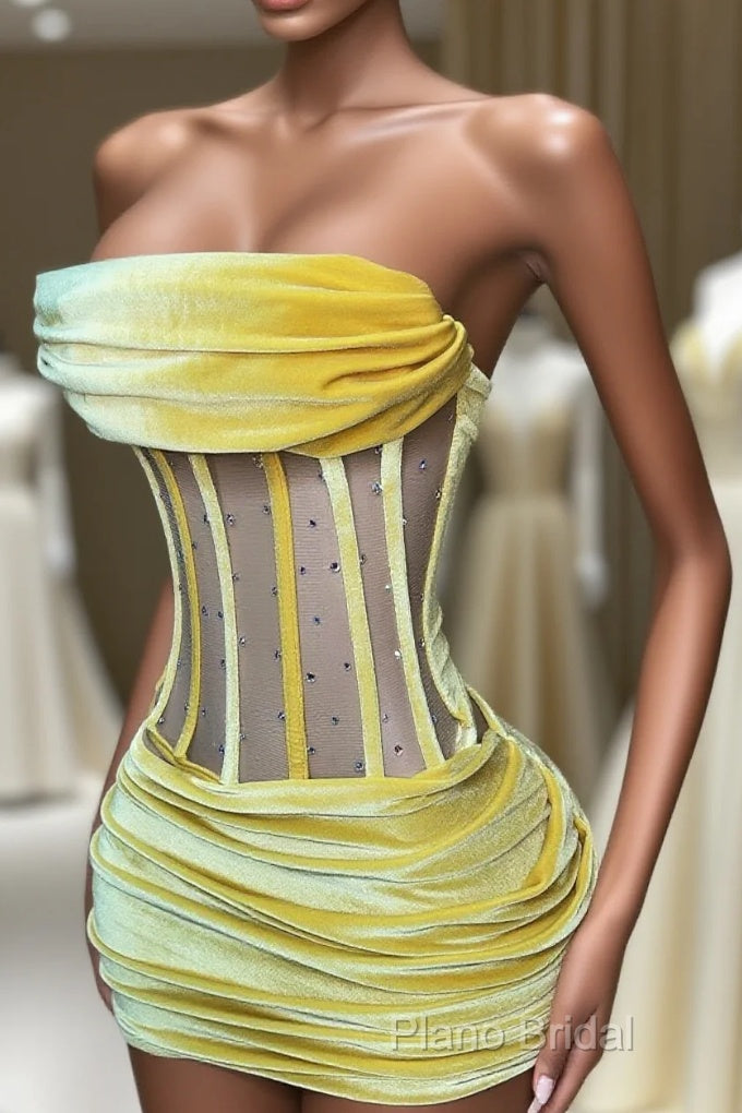 Sexy Strapless Yellow Velvet Formal Prom Dresses ,Charming Homecoming Dresses Main image