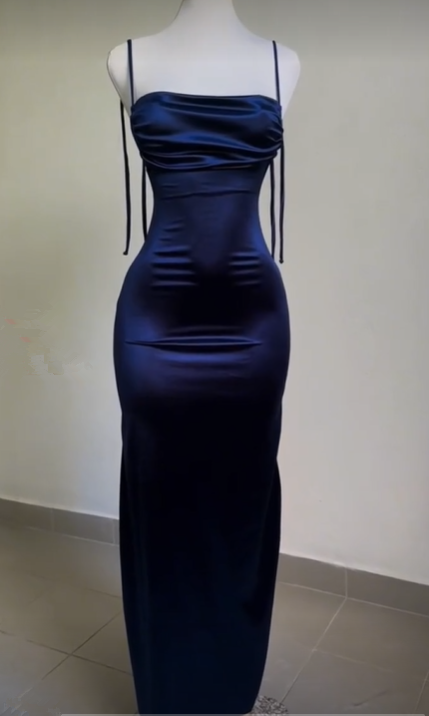 Sexy Sheath Spaghetti Straps Backless Navy Blue Satin Formal Prom Dresses Formal Evening Dresses