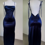 Sexy Sheath Spaghetti Straps Backless Navy Blue Satin Formal Prom Dresses Formal Evening Dresses
