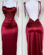 Sexy Sheath Spaghetti Straps Backless Navy Blue Satin Formal Prom Dresses Formal Evening Dresses