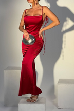 Sexy Sheath Spaghetti Straps Backless Navy Blue Satin Formal Prom Dresses Formal Evening Dresses