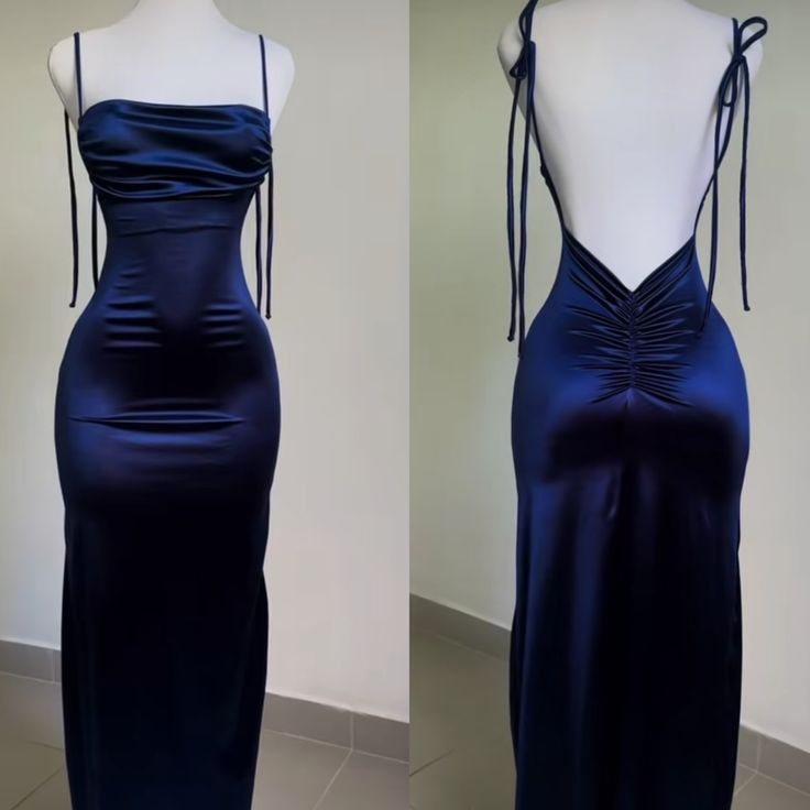 Sexy Sheath Spaghetti Straps Backless Navy Blue Satin Formal Prom Dresses Formal Evening Dresses Main image