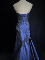 Sexy Sweetheart Sleeveless Mermaid Satin Long Navy Blue Formal Prom Dresses