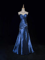 Sexy Sweetheart Sleeveless Mermaid Satin Long Navy Blue Formal Prom Dresses