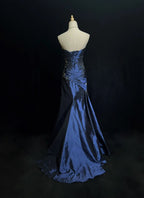 Sexy Sweetheart Sleeveless Mermaid Satin Long Navy Blue Formal Prom Dresses