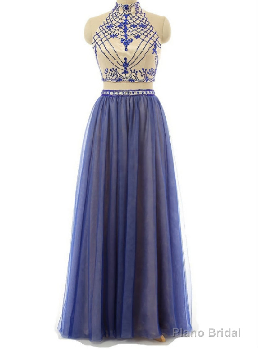 Sexy Two Piece Prom/Evening Dress Royal Blue Tulle Floor-Length Backless Beaded Party Dress Main image
