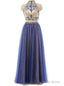 Sexy Two Piece Prom/Evening Dress Royal Blue Tulle Floor-Length Backless Beaded Party Dress