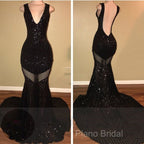Sexy V-Neck Black Sequined Burgundy Formal Prom Dresses