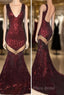 Sexy V-Neck Black Sequined Burgundy Formal Prom Dresses