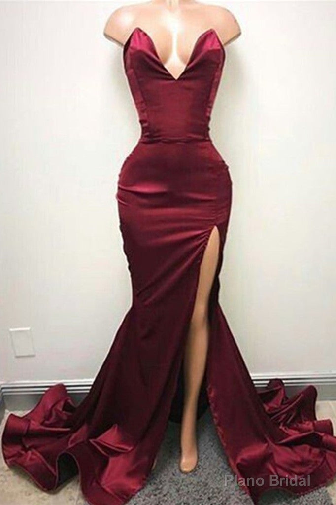 Sexy V-neck Chiffon Mermaid Prom Dress Long With Split Burgundy Main image