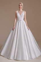 V Neck Sleeveless Satin Handmade Back Wedding Dresses