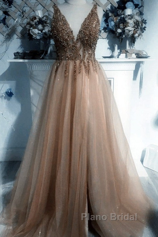 Sexy V Neck Split Tulle Long Beaded Dresses Secondary image