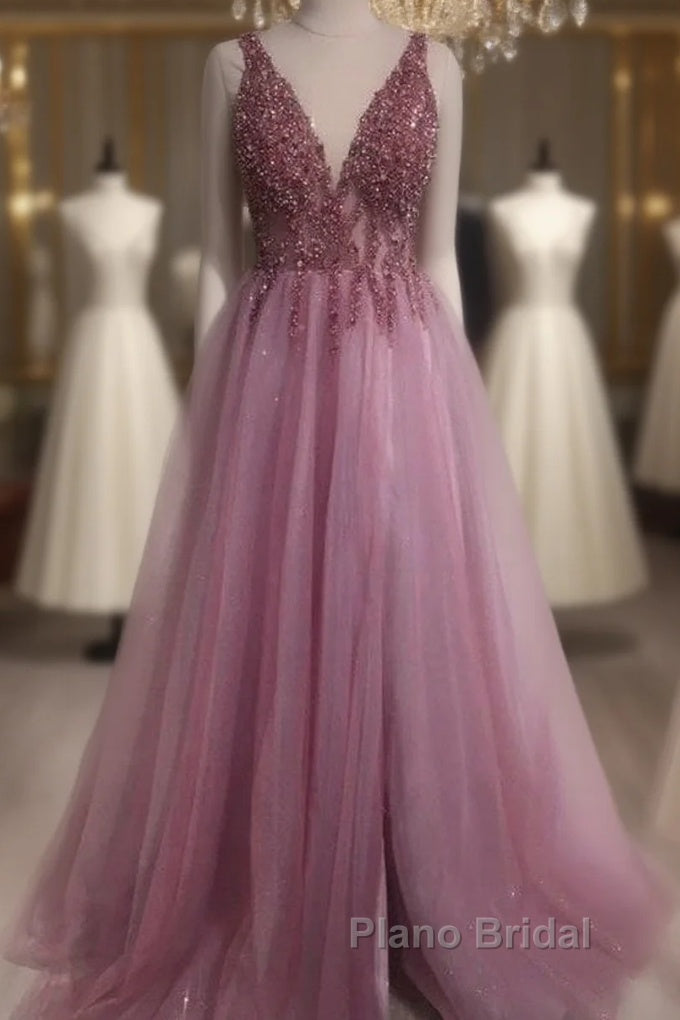 Sexy V Neck Split Tulle Long Beaded Dresses