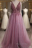 Sexy V Neck Split Tulle Long Beaded Dresses