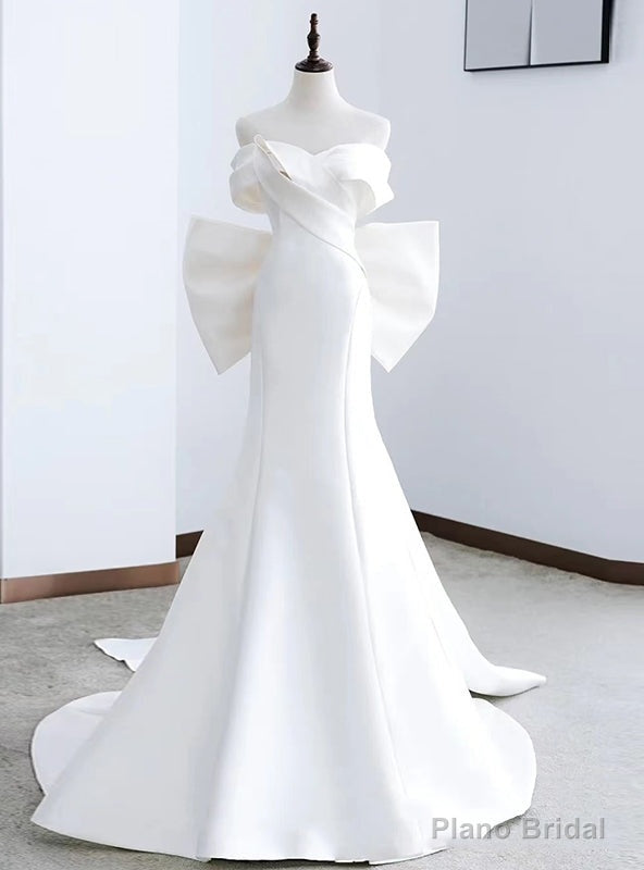 Sexy White Mermaid Off the Shoulder Pleats Wedding Dress With Bow