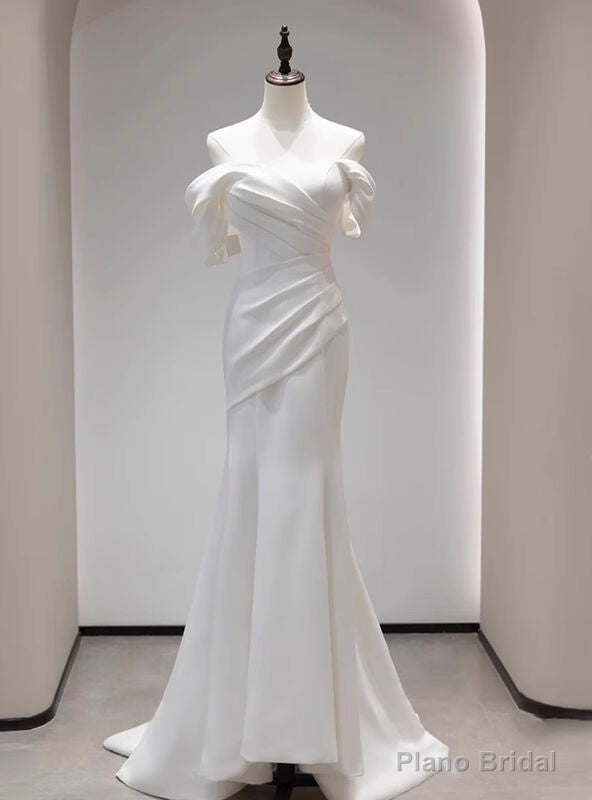 Sexy White Mermaid Off the Shoulder Pleats Wedding Dress Main image