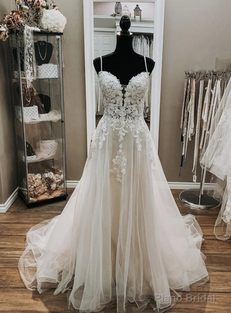 Sexy White Tulle Lace Spaghetti Straps Wedding Dress Main image