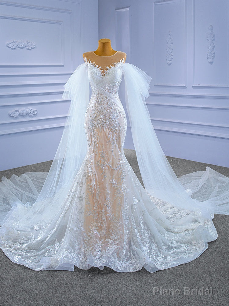 Sexy White Tulle Mermaid Appliques Pearls Wedding Dress