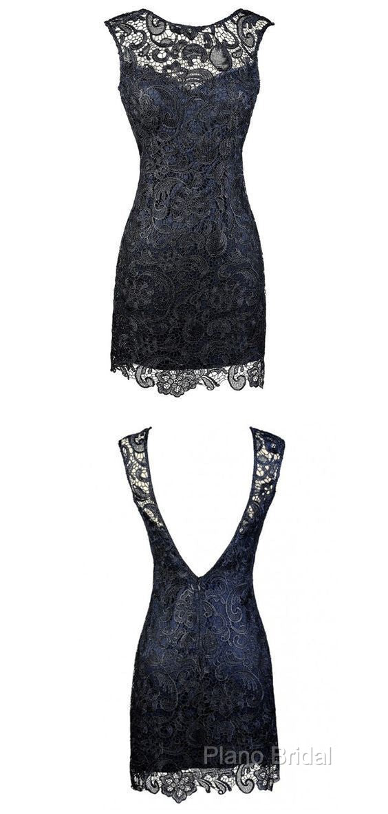 Sheath Bateau Backless Short Homecoming Navy Blue Lace Mother Of The Bride Dresses