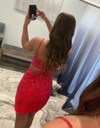 Sheath Beaded Satin Homecoming Dress with Slit