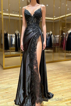 Sheath Black Long Appliques Formal Prom Dresses