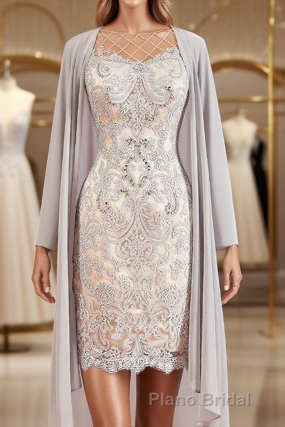 Sheath/Column Bateau Short/Mini Chiffon Mother of the Bride Dresses With Appliques Lace Main image