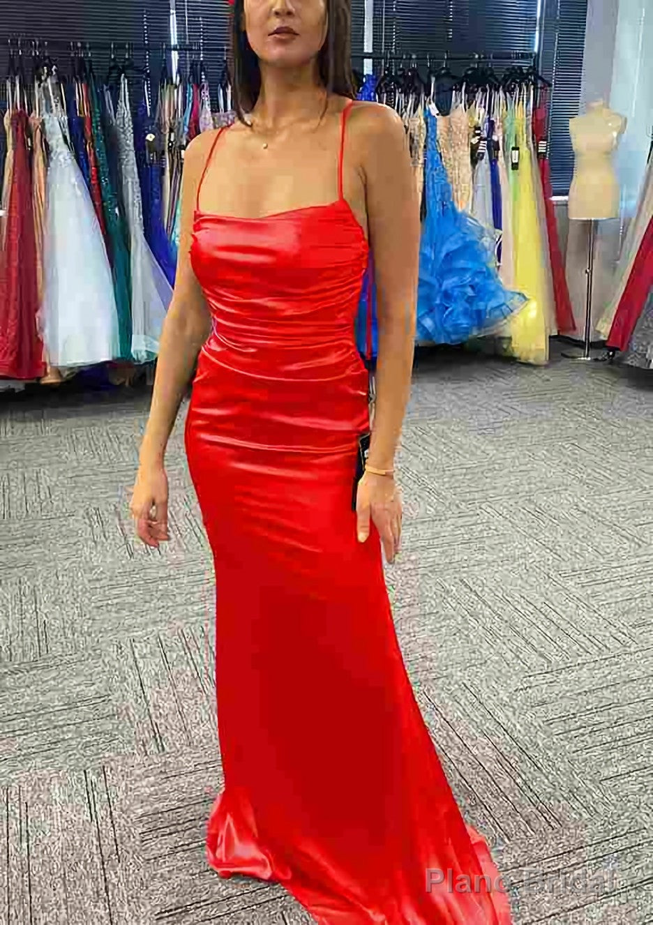 Sheath/Column Bateau Spaghetti Straps Long/Floor-Length Charmeuse Prom Dresses With Pleated