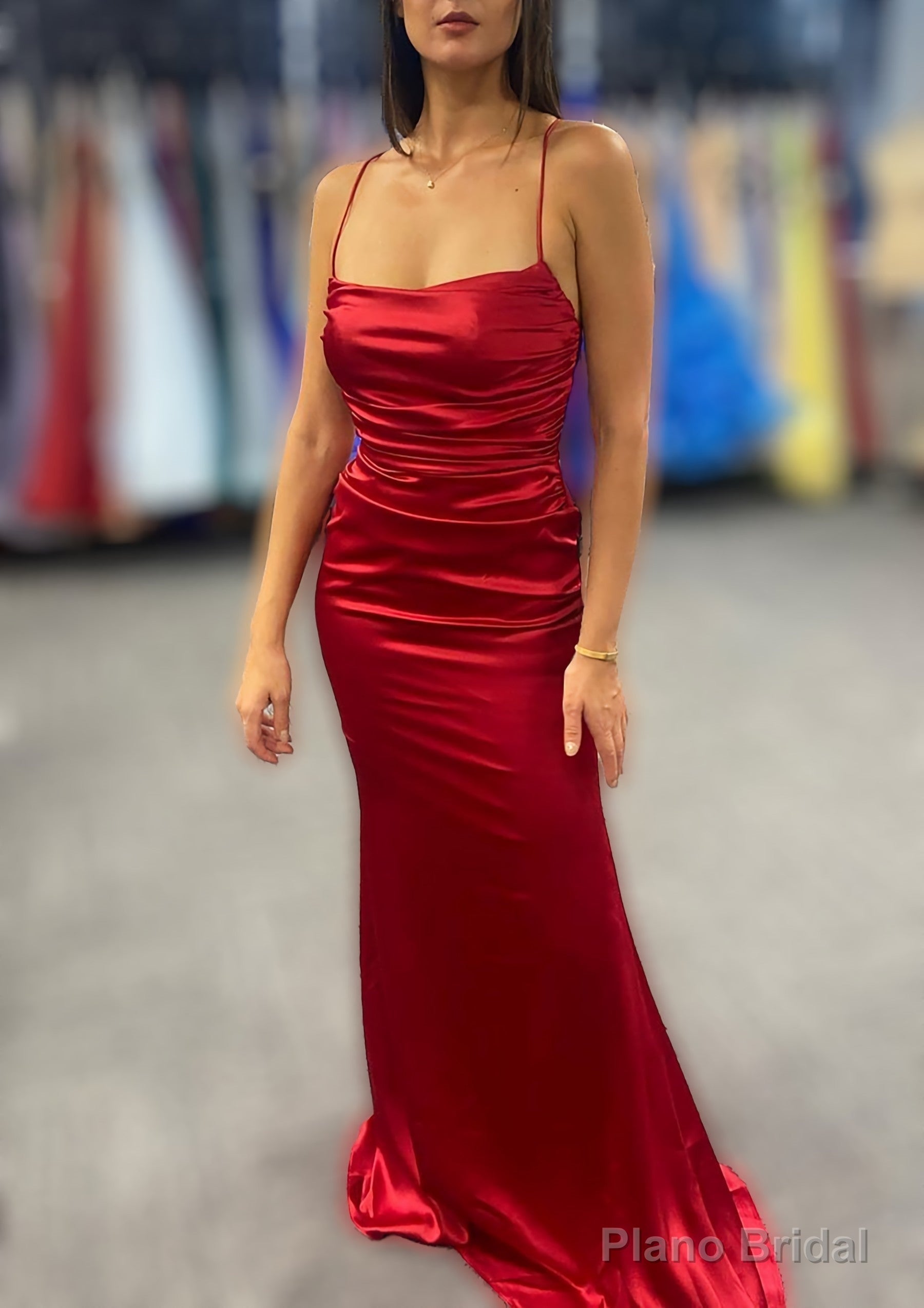 Sheath/Column Bateau Spaghetti Straps Long/Floor-Length Charmeuse Prom Dresses With Pleated