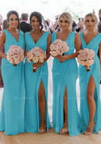 Sheath Column Cowl Neck Sleeveless Chiffon Bridesmaid Dresses With Pleated Split