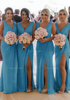 Sheath Column Cowl Neck Sleeveless Chiffon Bridesmaid Dresses With Pleated Split