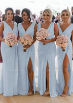Sheath Column Cowl Neck Sleeveless Chiffon Bridesmaid Dresses With Pleated Split