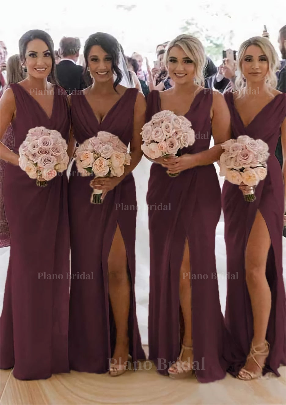 Sheath Column Cowl Neck Sleeveless Chiffon Bridesmaid Dresses With Pleated Split