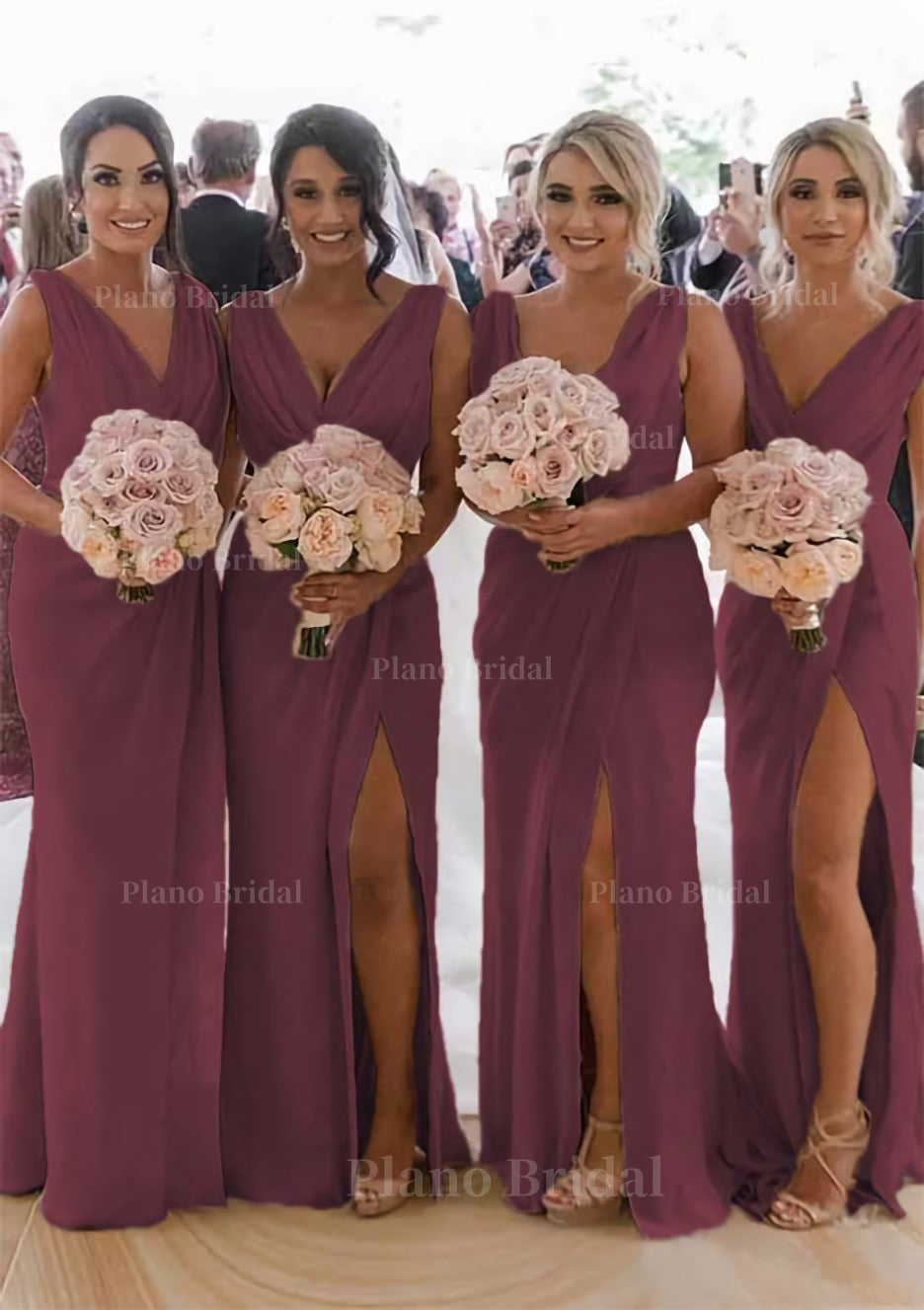 Sheath Column Cowl Neck Sleeveless Chiffon Bridesmaid Dresses With Pleated Split