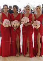Sheath Column Cowl Neck Sleeveless Chiffon Bridesmaid Dresses With Pleated Split
