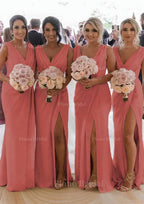 Sheath Column Cowl Neck Sleeveless Chiffon Bridesmaid Dresses With Pleated Split