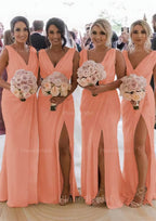 Sheath Column Cowl Neck Sleeveless Chiffon Bridesmaid Dresses With Pleated Split