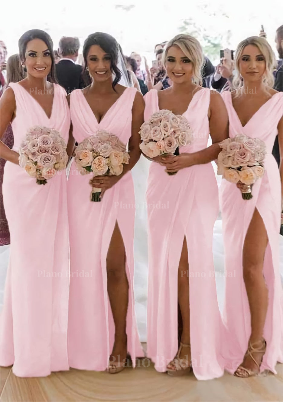 Sheath Column Cowl Neck Sleeveless Chiffon Bridesmaid Dresses With Pleated Split