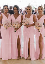 Sheath Column Cowl Neck Sleeveless Chiffon Bridesmaid Dresses With Pleated Split