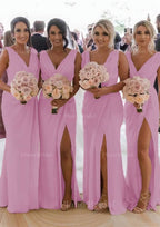 Sheath Column Cowl Neck Sleeveless Chiffon Bridesmaid Dresses With Pleated Split