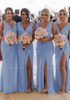 Sheath Column Cowl Neck Sleeveless Chiffon Bridesmaid Dresses With Pleated Split
