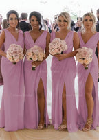 Sheath Column Cowl Neck Sleeveless Chiffon Bridesmaid Dresses With Pleated Split