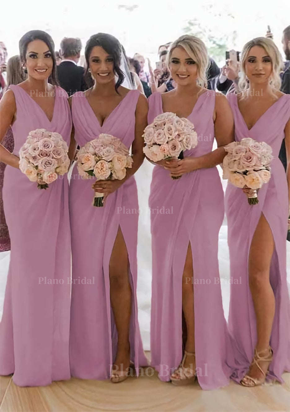 Sheath Column Cowl Neck Sleeveless Chiffon Bridesmaid Dresses With Pleated Split