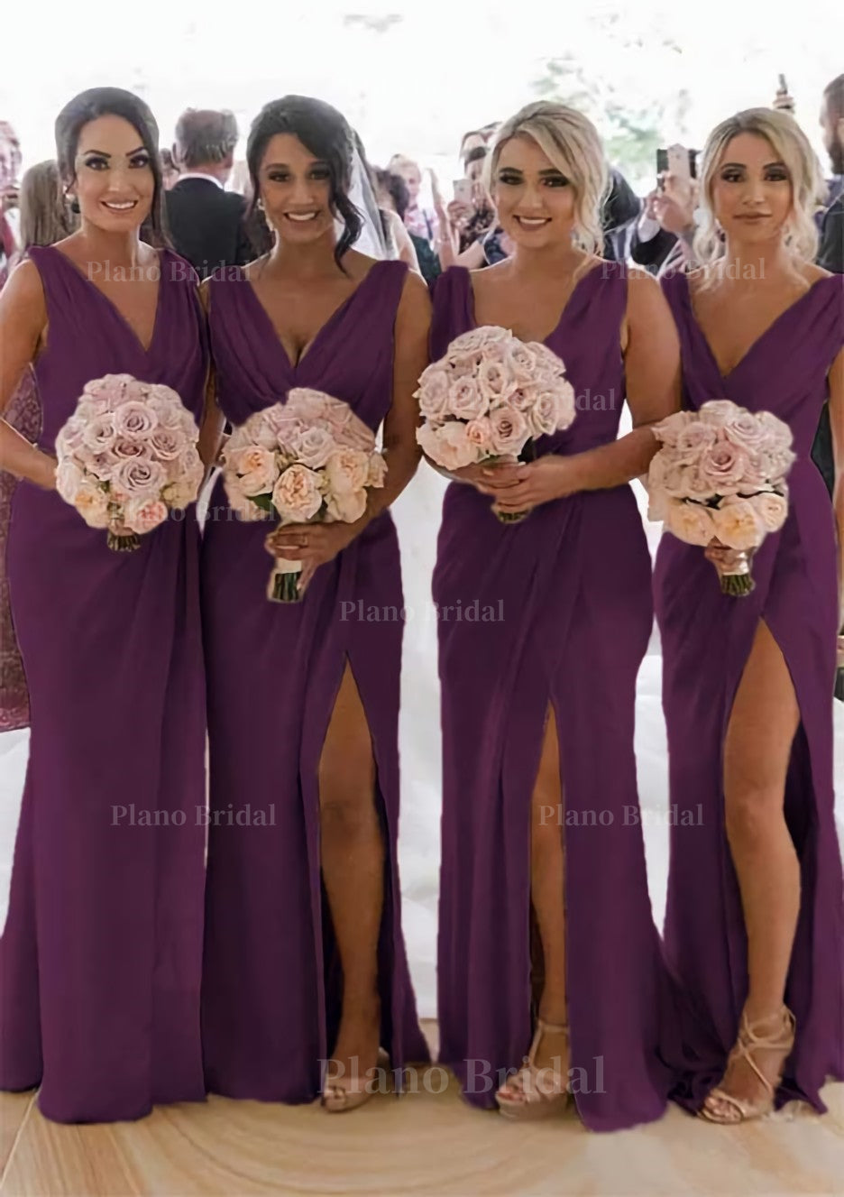 Sheath Column Cowl Neck Sleeveless Chiffon Bridesmaid Dresses With Pleated Split