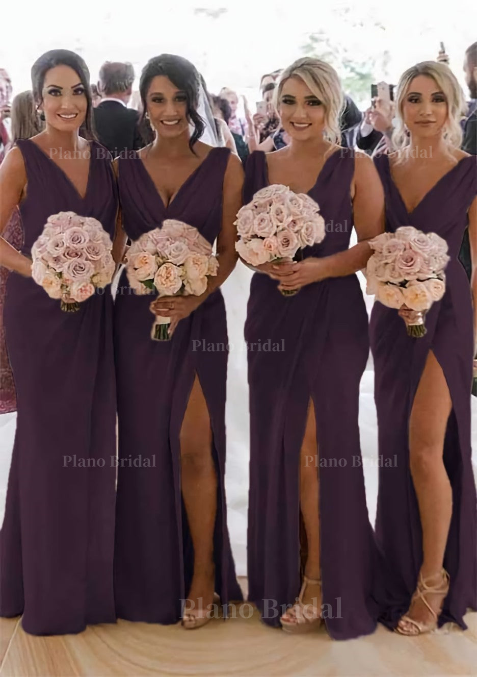 Sheath Column Cowl Neck Sleeveless Chiffon Bridesmaid Dresses With Pleated Split